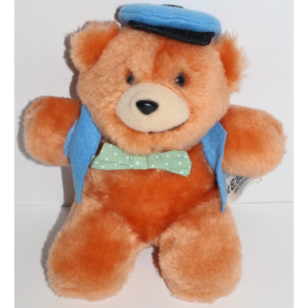 TED E. BEAR Teddy Bear Brown Stuffed Plush w/ Vest Bowtie Hat Vintage